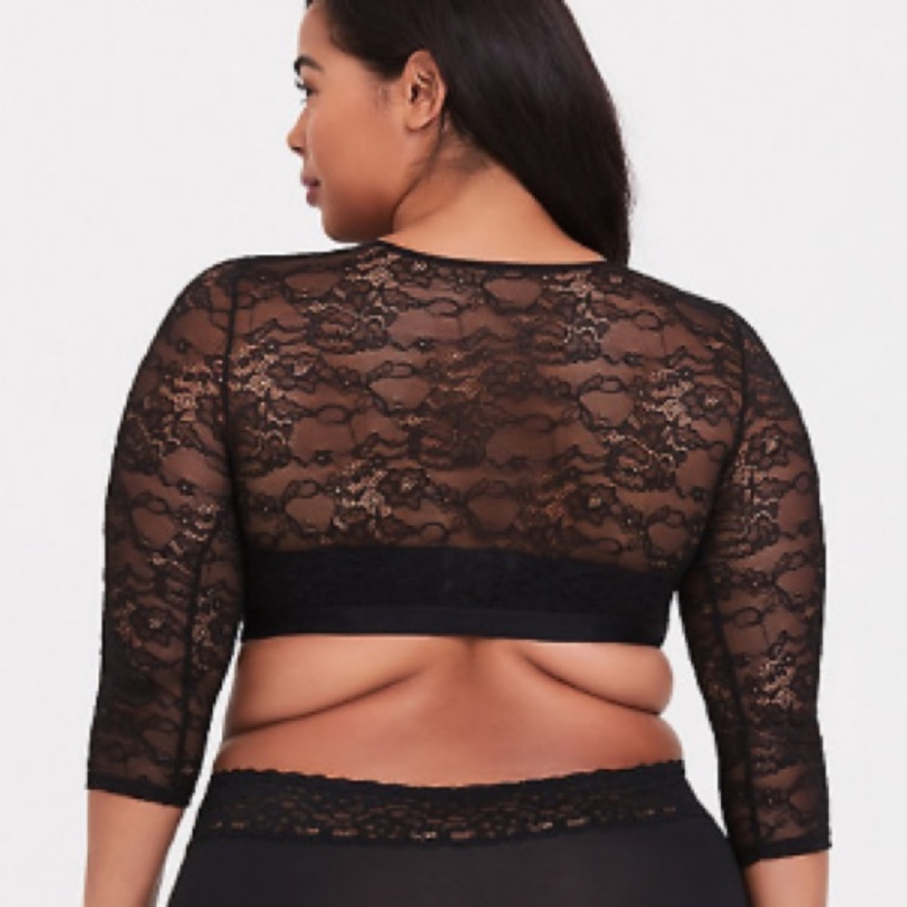 BLACK LACE ELBOW SLEEVE UNDER-IT-ALL CROP TOP - Picture 2 of 6